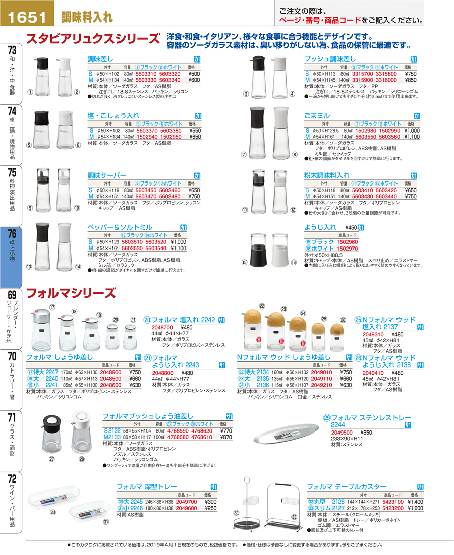 No.e19-2048900フォルマ ガラスしょう油差し 特大 ２２４７８２掲載ページ-業務用食器カタログ「EBM業務用厨房用品カタログvol.19」
