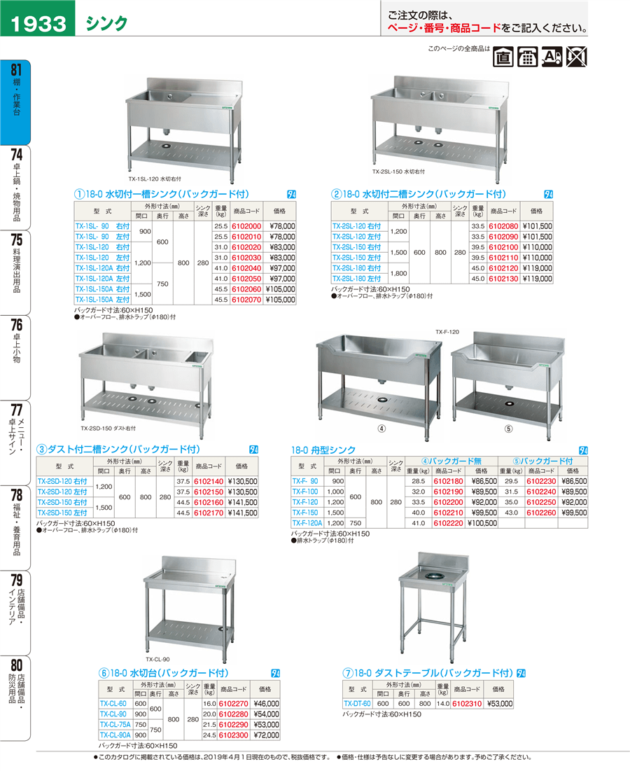 日本サイト タニコー二槽水切付シンク(バックガードあり)型式：TXA-2SL-150A（旧TX-2SL-150A）寸法：幅1500m 奥行7  業務用厨房用品