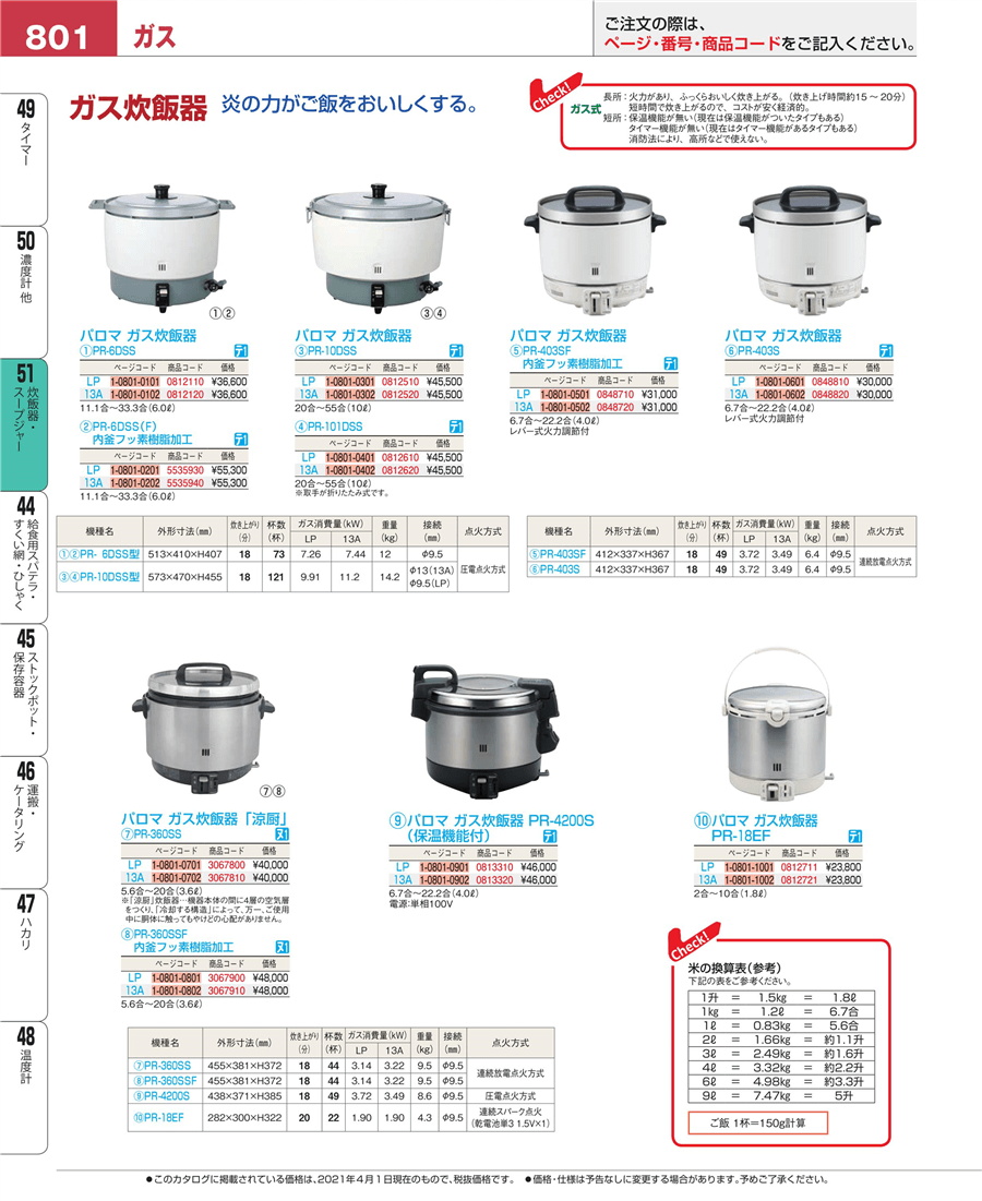 No.e21-0814210ﾊﾟﾛﾏ ｶﾞｽ炊飯器PR-402・403SF兼用 ﾌｯ素加工内鍋掲載 